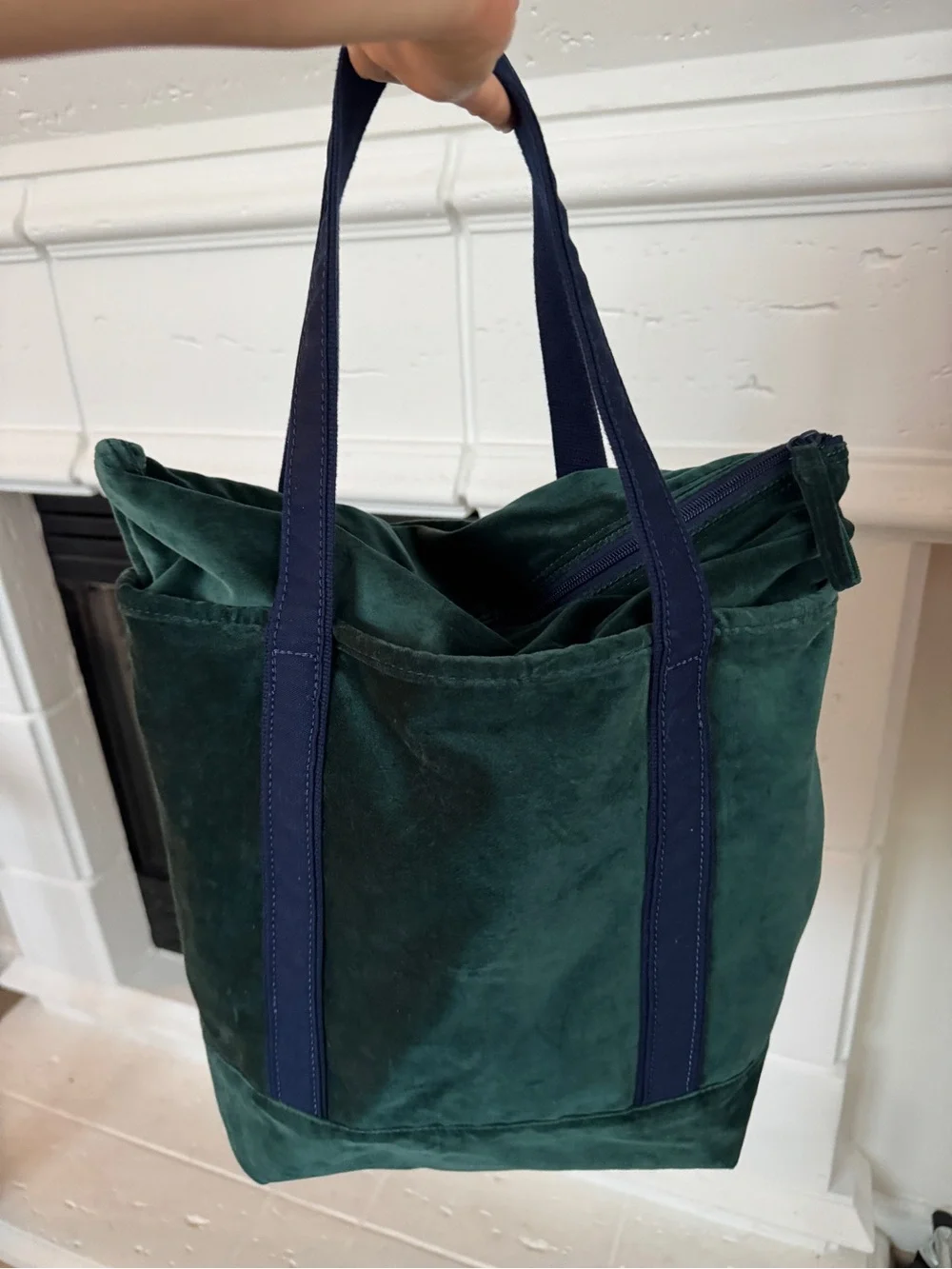 Lands' End Deep Balsam Velvet Medium Zippered Tote Bag with Navy Straps